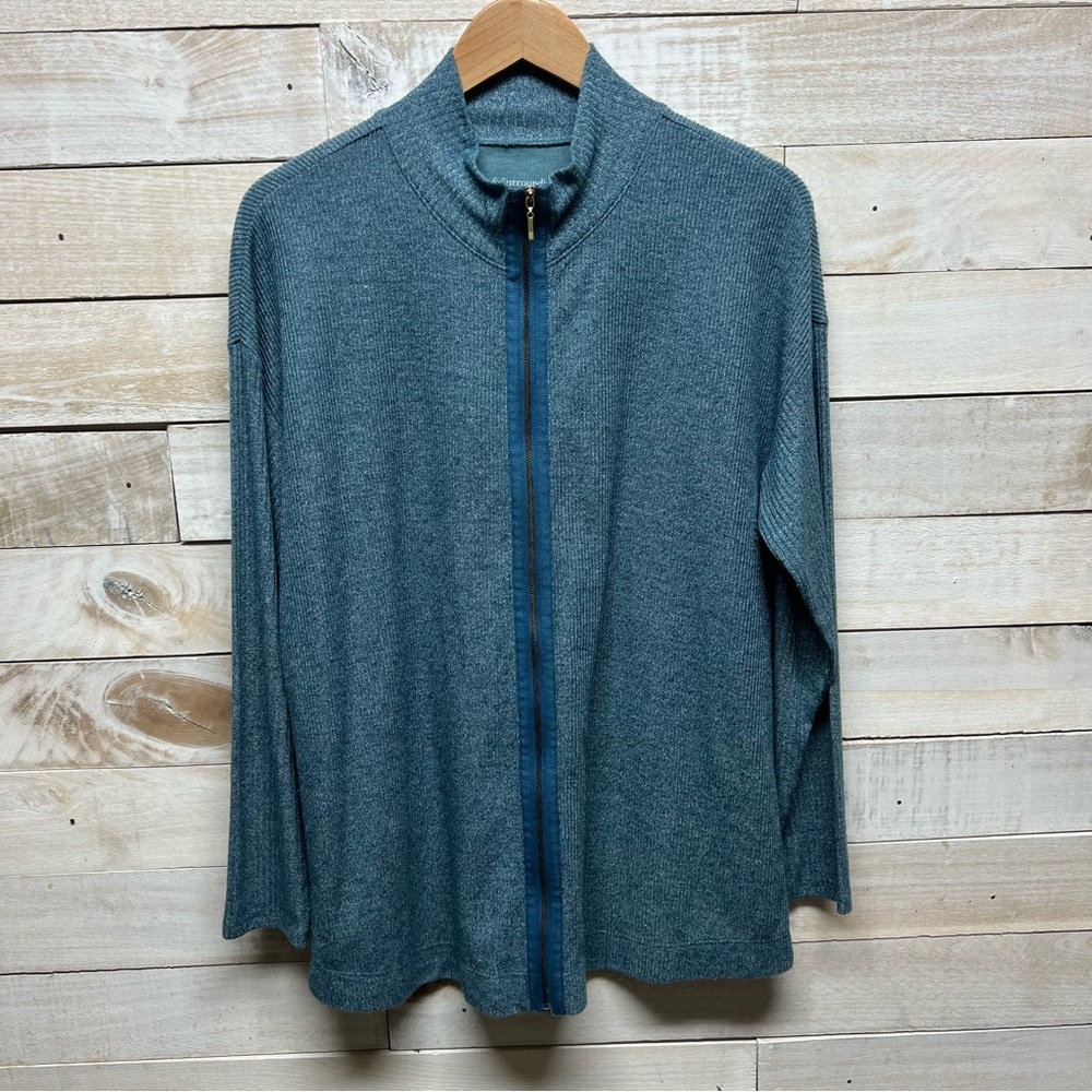 Soft Surroundings Sweater Womens‎ L Blue Marled Lhami Full Zip Ribbed Cardigan